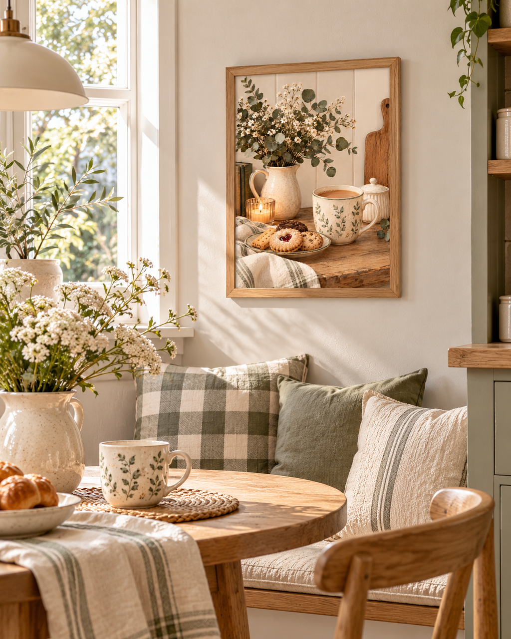Cosy coffee and biscuits still life with botanical ceramic mug, white flowers, sage greenery, candle and rustic wooden tabletop styled in a breakfast nook
