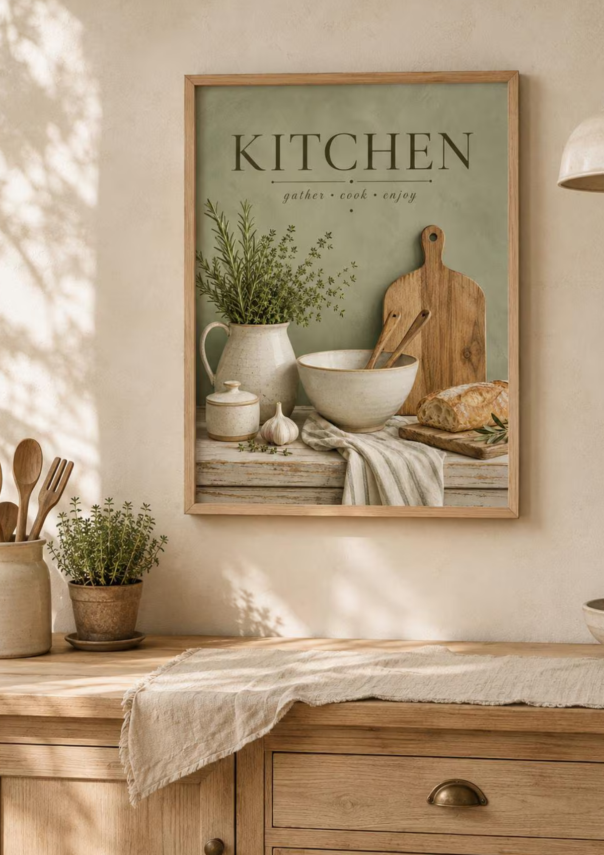 Sage green Kitchen gather cook enjoy artwork with herbs, ceramic jug, mixing bowl, wooden utensils, bread and garlic styled in a farmhouse kitchen