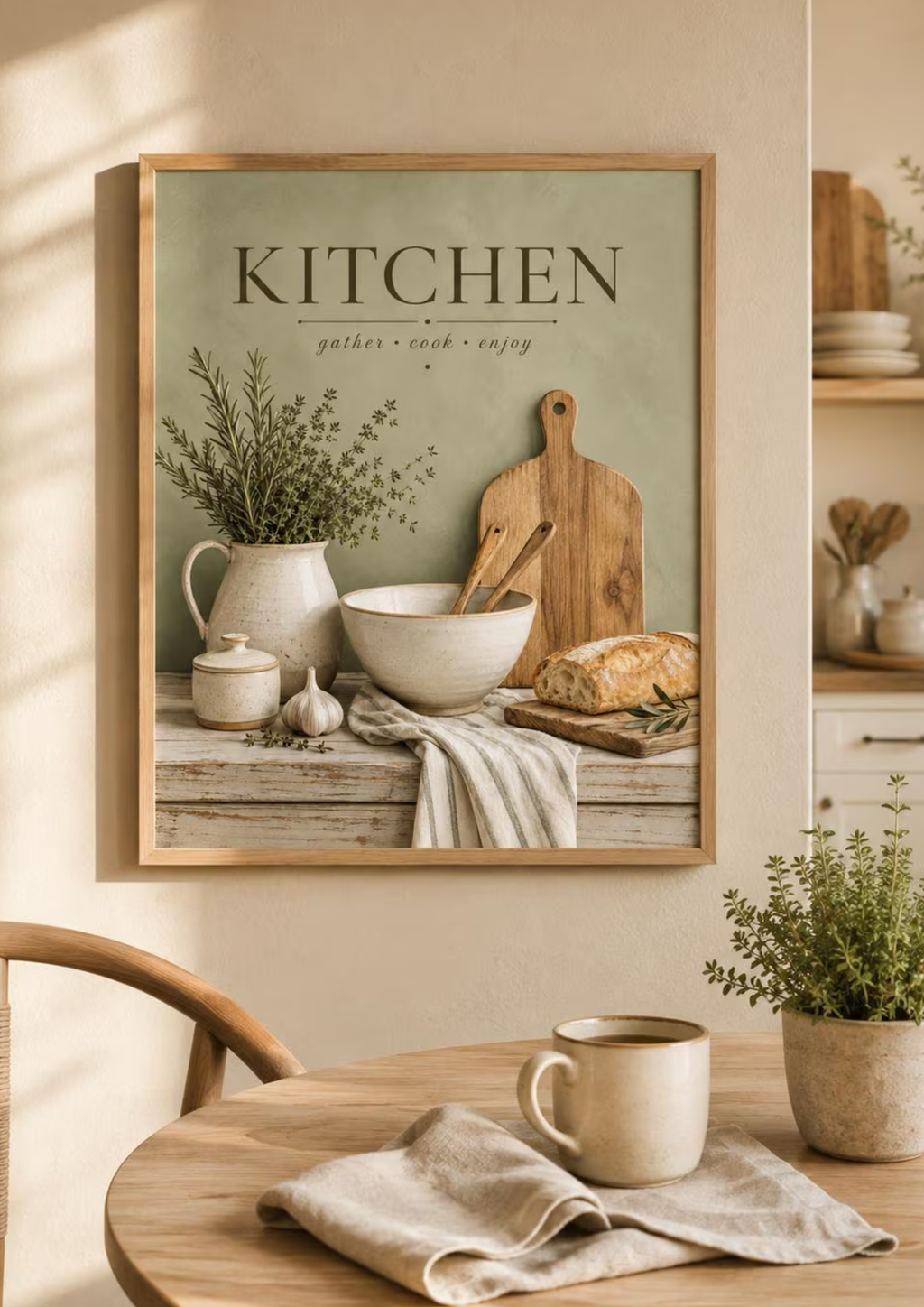 Sage green Kitchen gather cook enjoy artwork with herbs, ceramic jug, mixing bowl, wooden utensils, bread and garlic styled in a breakfast nook