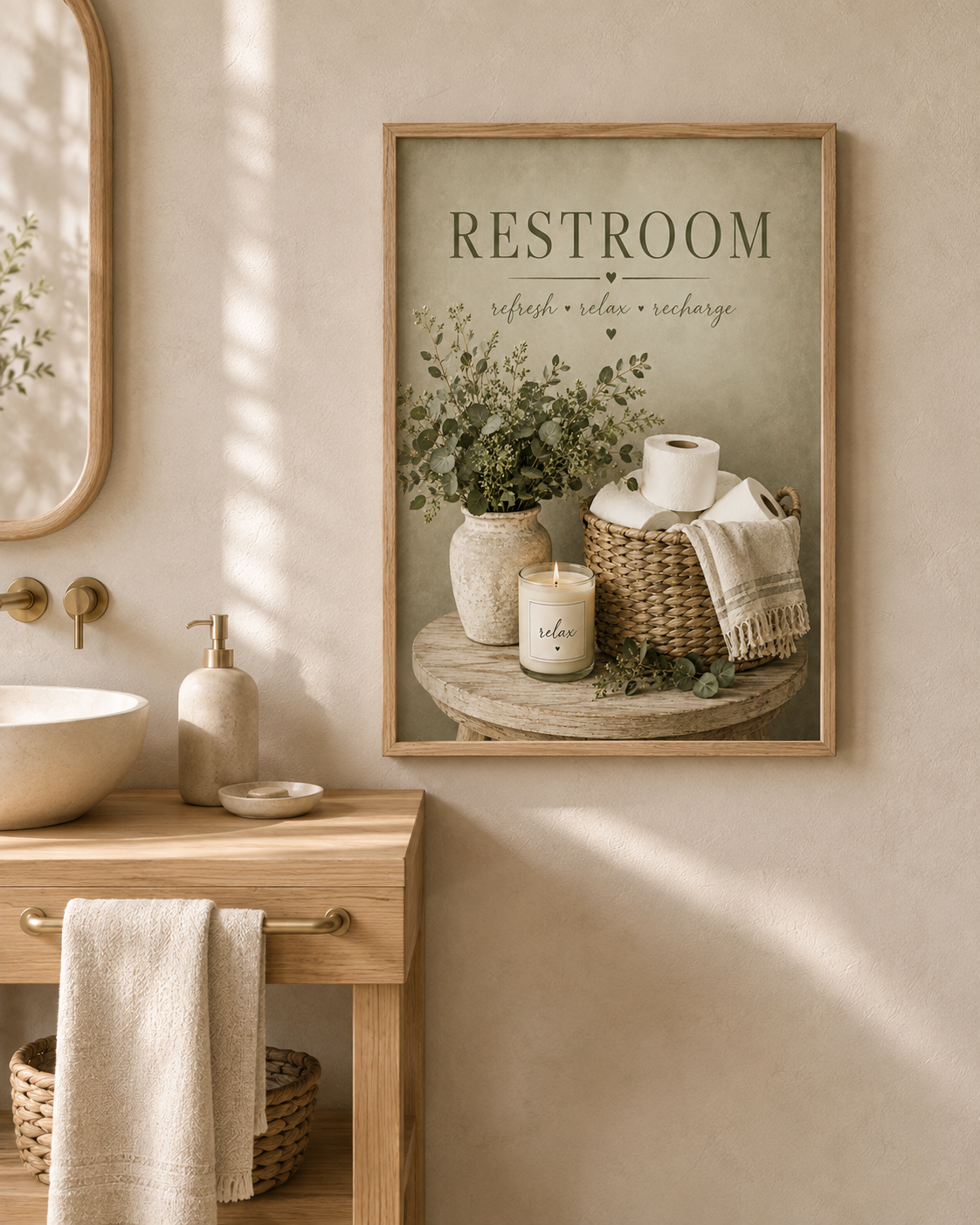 Sage green Restroom artwork styled in a warm neutral bathroom 2; frame shown for styling only.