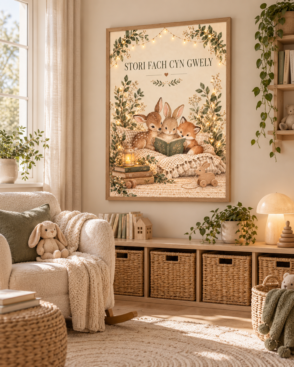 Stori Fach Cyn Gwely Welsh bedtime story with fawn, rabbit and fox reading a book among soft woodland foliage styled in a nursery