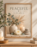 Peaceful let the calm in botanical artwork with eucalyptus, dried grasses, lotus flower, candle and stacked stones; print only, frame not included