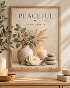 Peaceful let the calm in botanical artwork with eucalyptus, dried grasses, lotus flower, candle and stacked stones; print only, frame not included