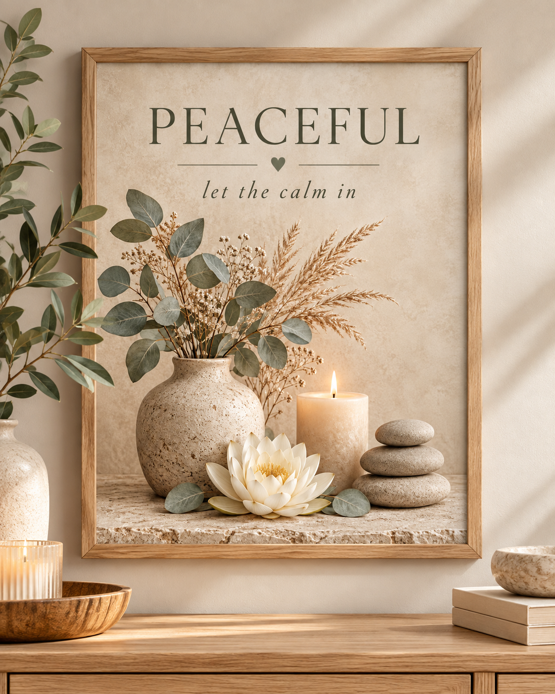 Peaceful let the calm in botanical artwork with eucalyptus, dried grasses, lotus flower, candle and stacked stones; print only, frame not included