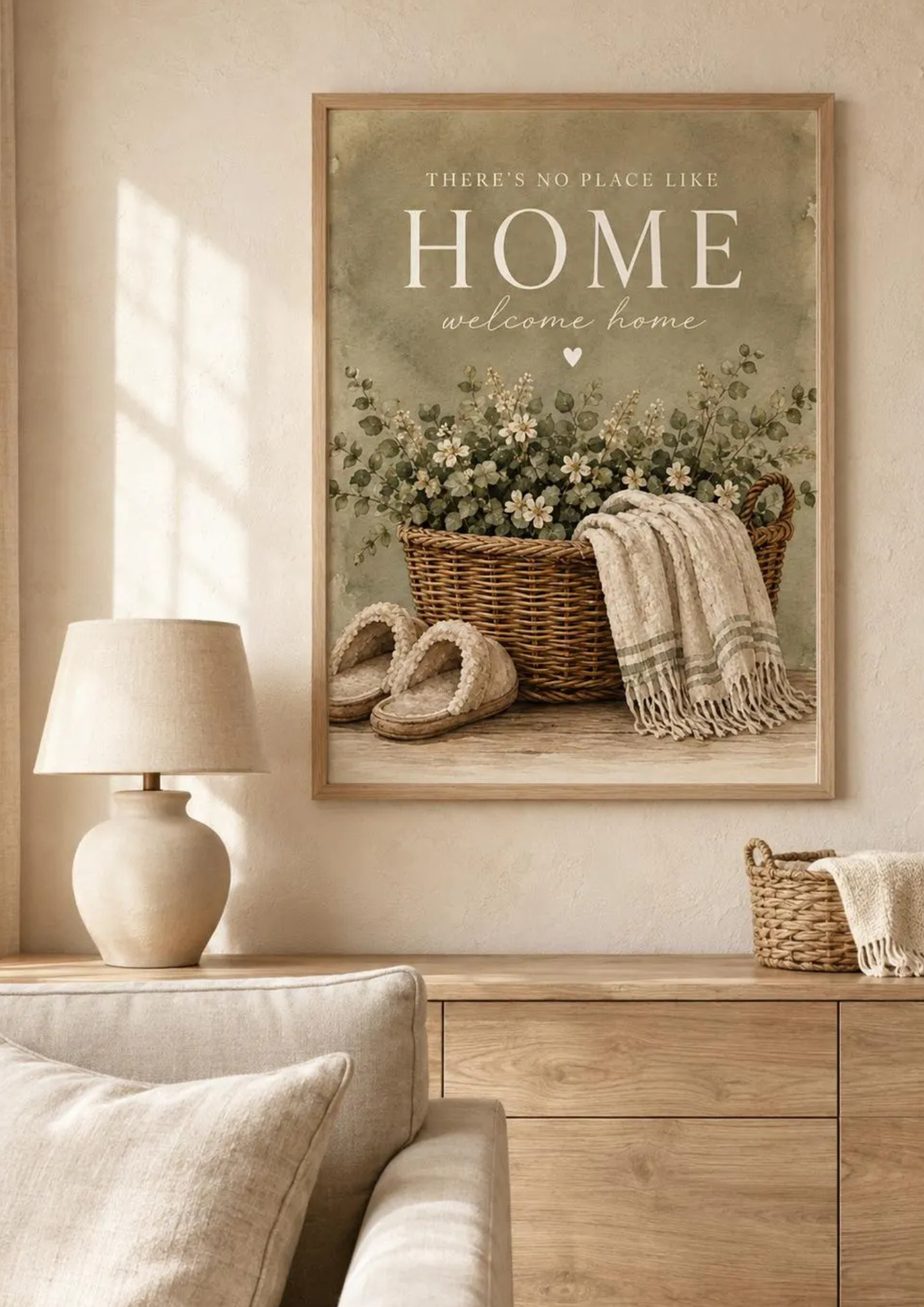 There's No Place Like Home and welcome home artwork with ivory flowers, foliage, wicker basket, cream throw and slippers styled in a living room