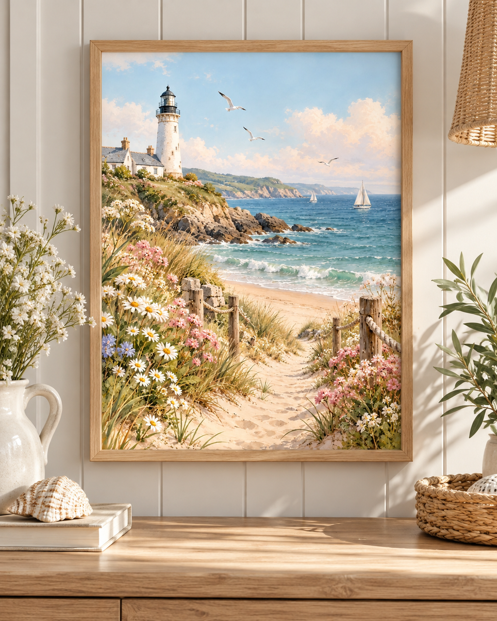 White coastal lighthouse above a sandy beach path with turquoise waves, sailboats, white daisies and pink wildflowers; print only, frame not included
