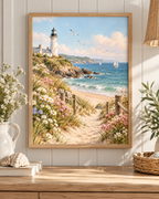 White coastal lighthouse above a sandy beach path with turquoise waves, sailboats, white daisies and pink wildflowers; print only, frame not included