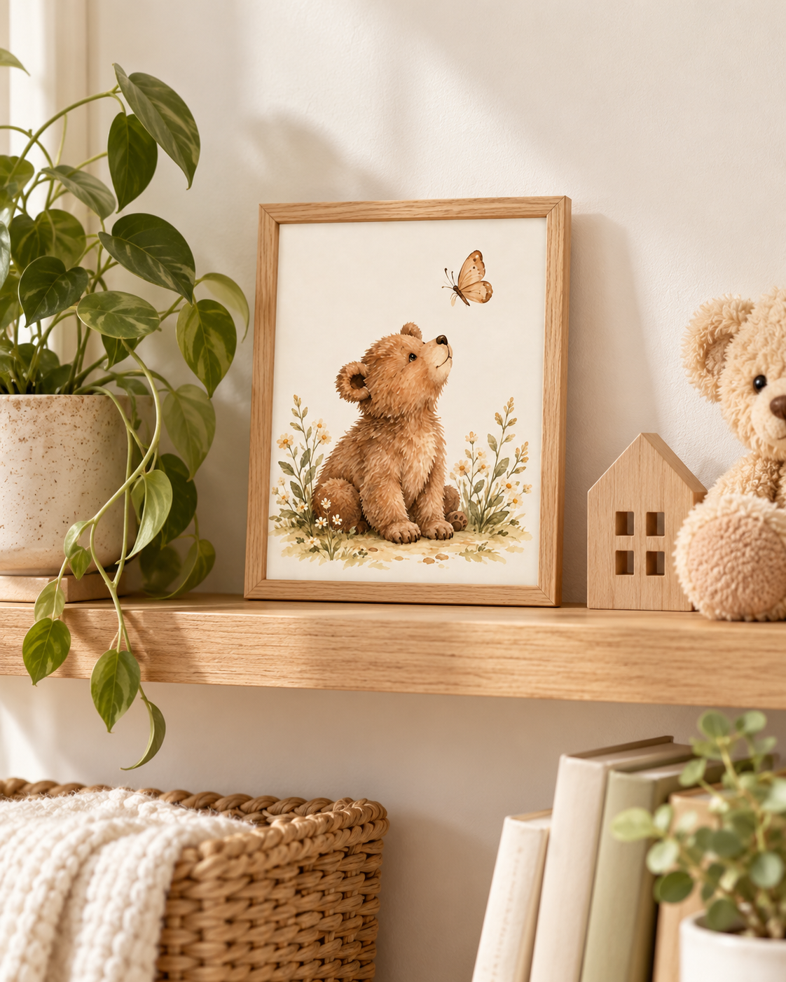 Watercolour teddy bear with paws resting down, looking up at a butterfly among daisies and soft foliage styled in a shelf display