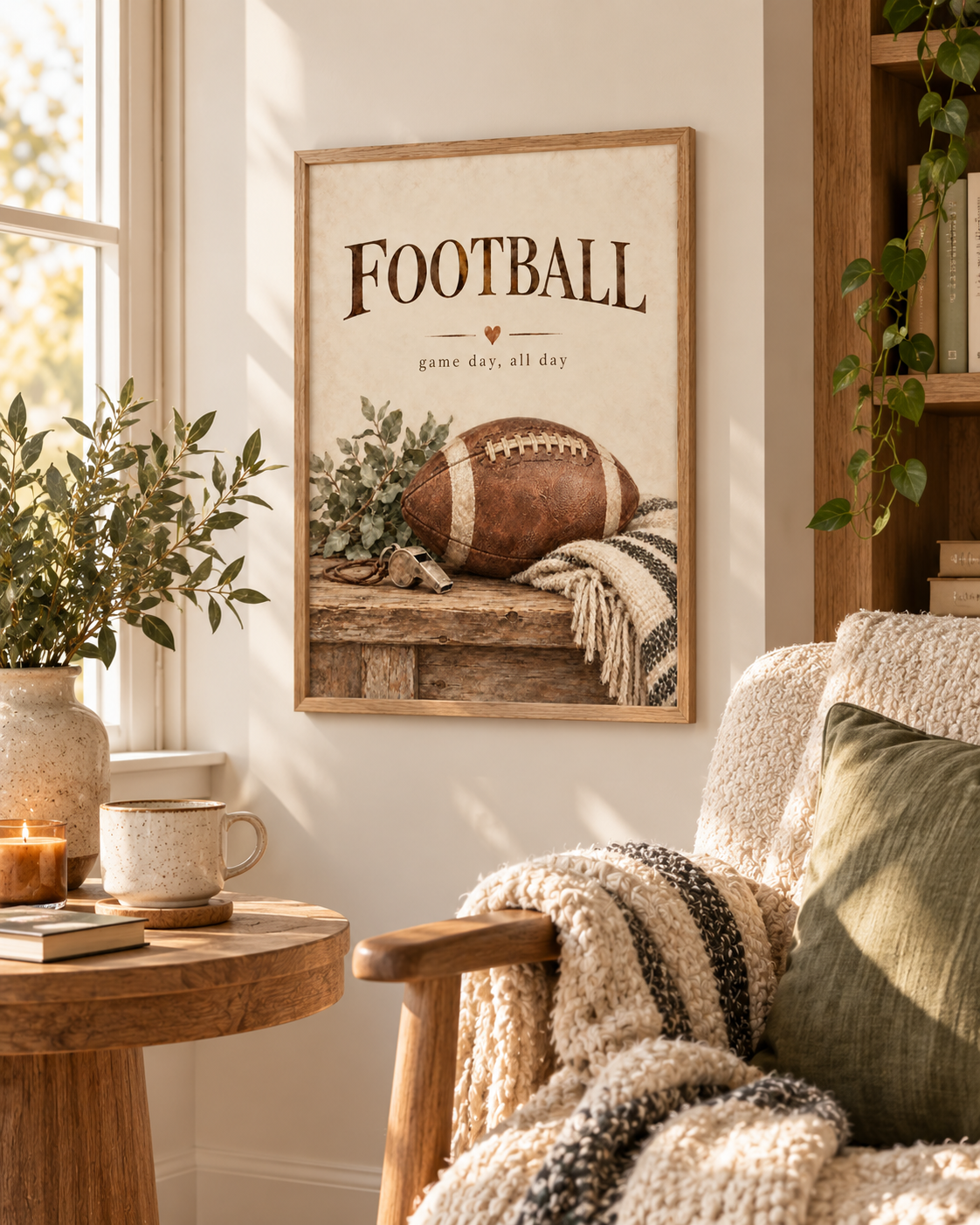 Vintage American football with game day all day wording, greenery and knitted textures styled in a reading corner