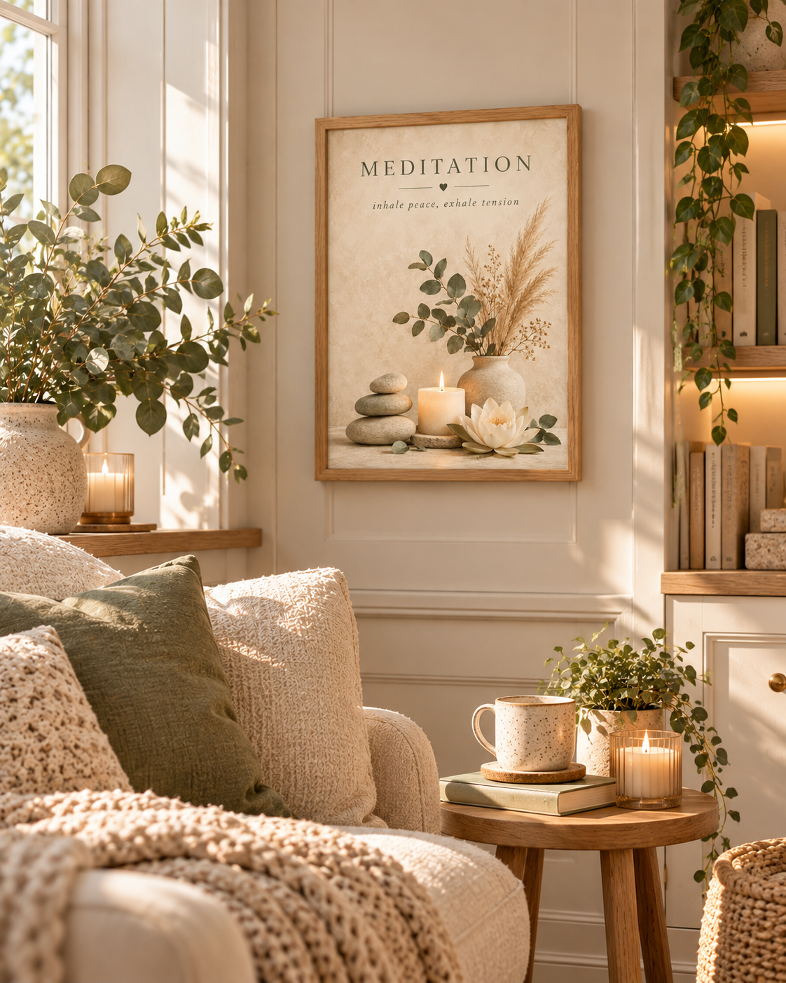 Meditation artwork with the words inhale peace, exhale tension, botanical stems, lotus flower, candle and stones styled in a reading corner