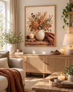 Autumn floral still life with dried hydrangeas, eucalyptus, copper leaves, rustic vase, candle, acorns and knitted throw styled in a living room