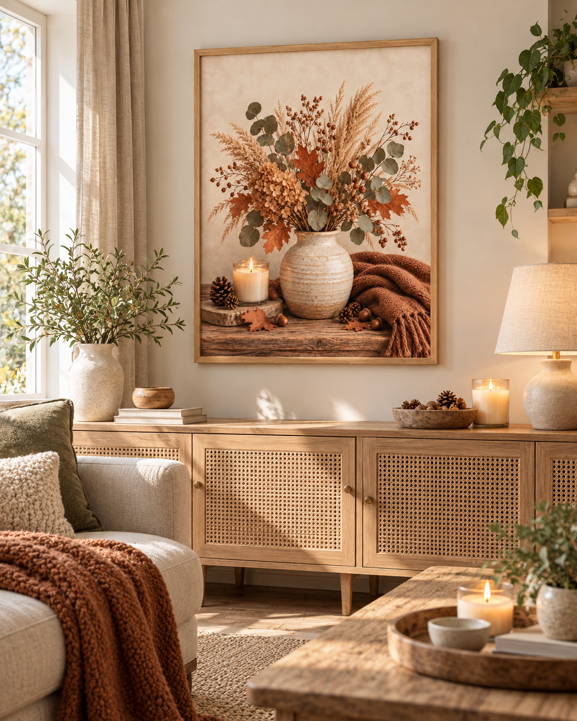 Autumn floral still life with dried hydrangeas, eucalyptus, copper leaves, rustic vase, candle, acorns and knitted throw styled in a living room
