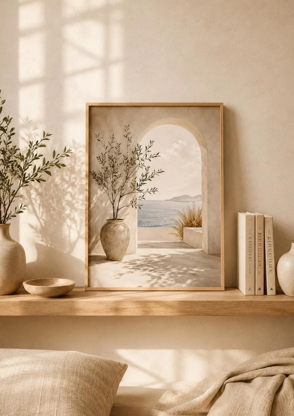 Mediterranean olive tree and stone archway overlooking a calm sea styled in a shelf