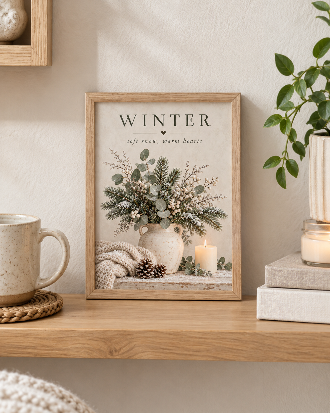 Winter soft snow, warm hearts artwork with snowy evergreens, eucalyptus, white berries, ceramic vase, knitted blanket, pine cones and candle styled in a shelf