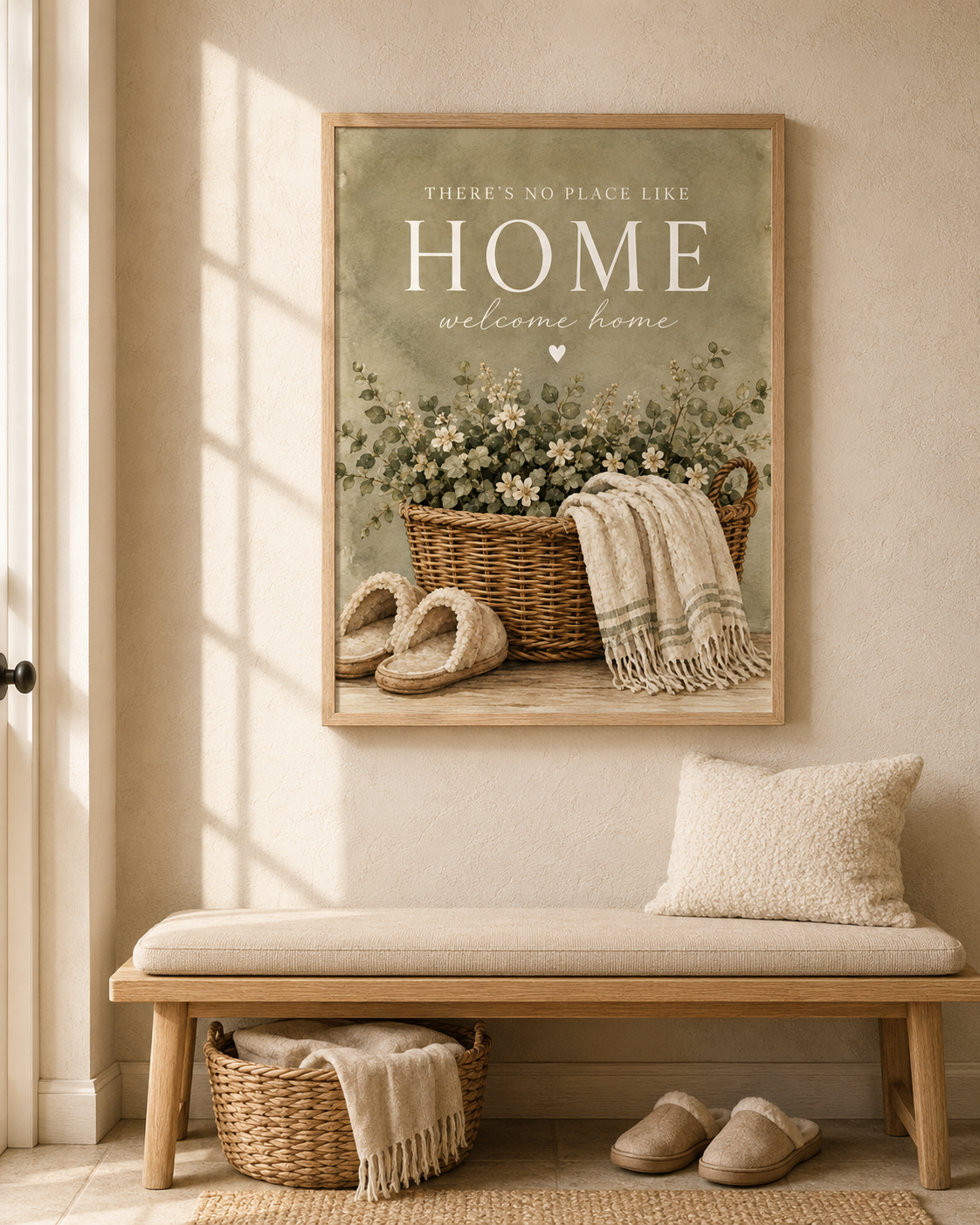 There's No Place Like Home and welcome home artwork with ivory flowers, foliage, wicker basket, cream throw and slippers styled in a hallway