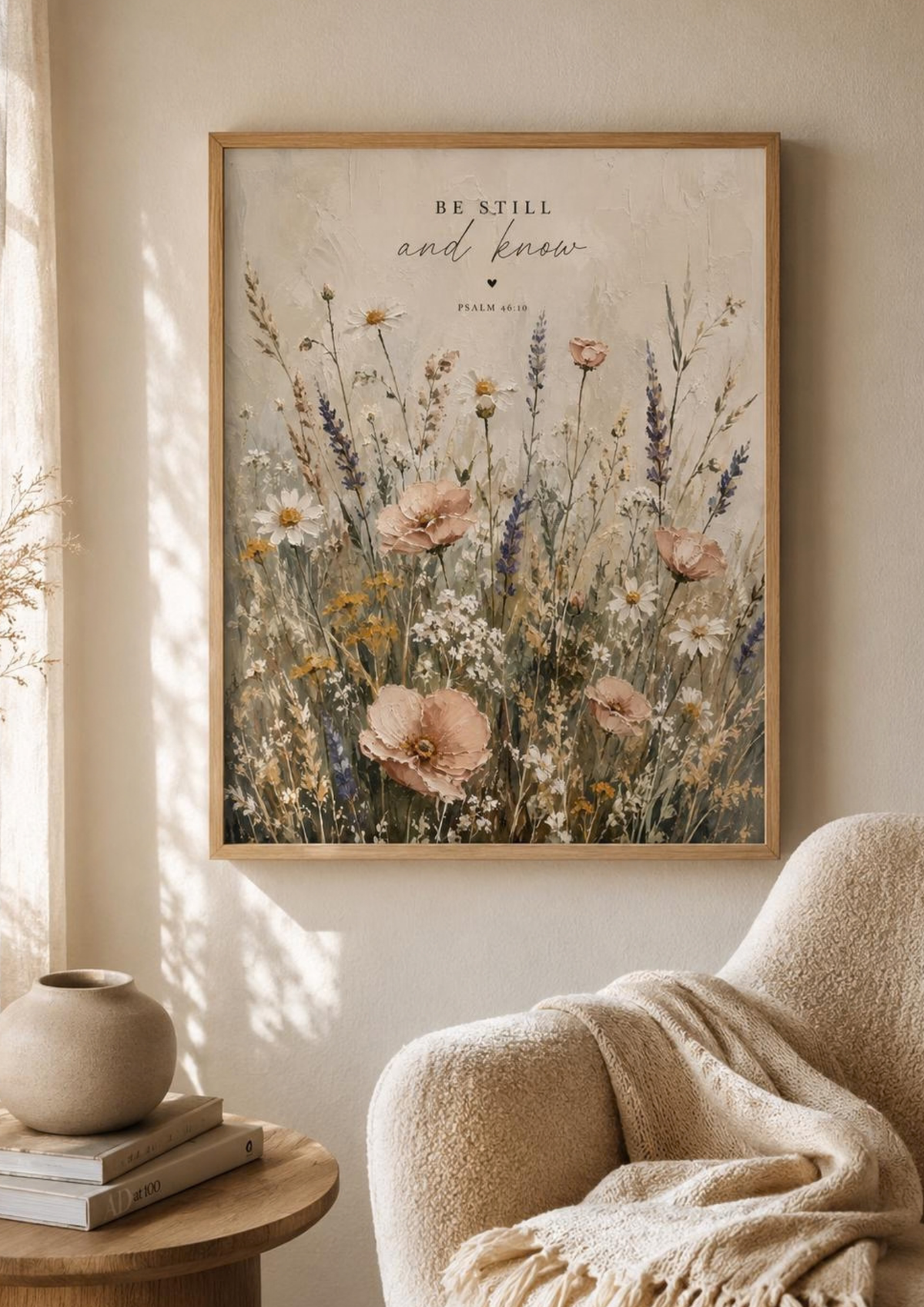 Be Still and Know Psalm 46:10 artwork with a softly painted wildflower meadow beside a cosy armchair