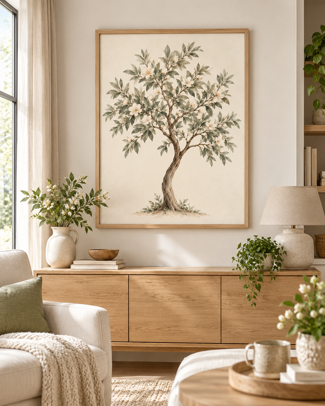 Watercolour botanical tree with sage green leaves, ivory white blossoms and a curved natural trunk on warm ivory styled in a living room