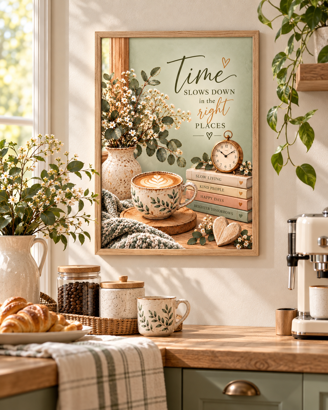 Time Slows Down in the Right Places artwork with flowers, coffee cup, books, vintage clock and wooden heart styled in a coffee corner