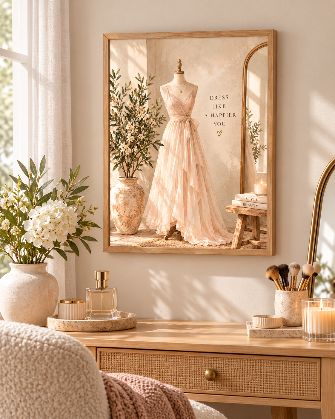 Blush dress on a mannequin with Dress like a happier you quote and soft neutral dressing room styling in a styled home display