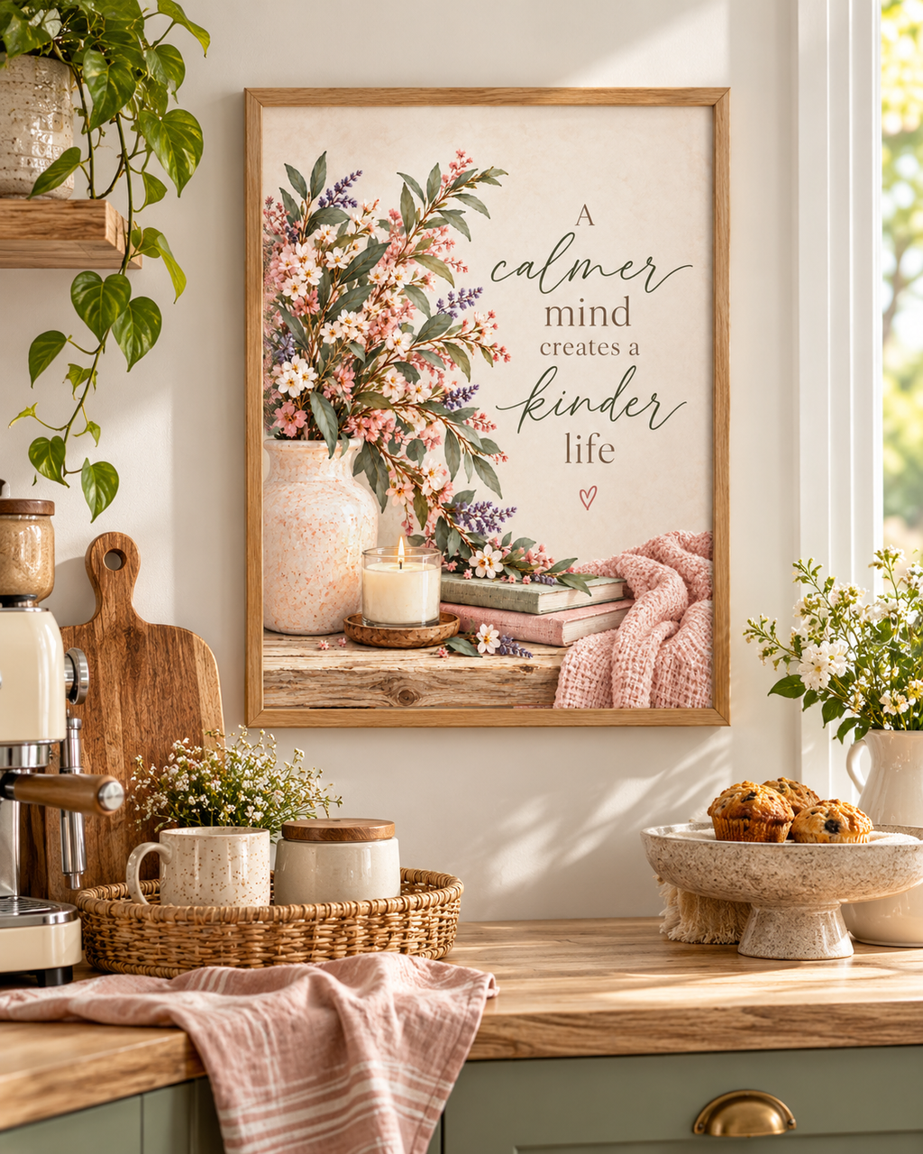 A calmer mind creates a kinder life quote with pink and ivory flowers, sage foliage, ceramic vase, candle, books and blush knitted throw styled in a kitchen