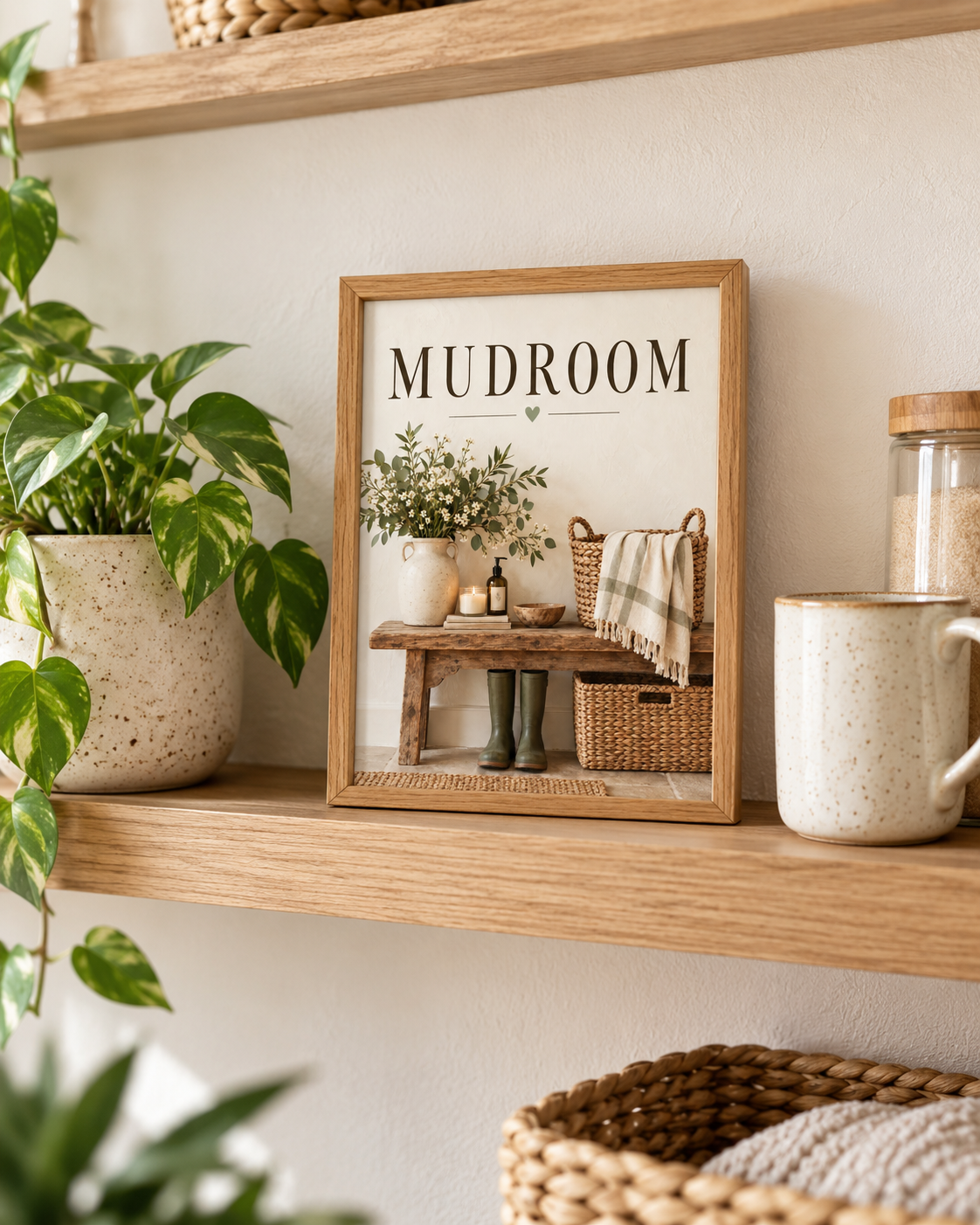 Mudroom artwork with green wellies, country flowers, baskets and rustic bench in a styled home display