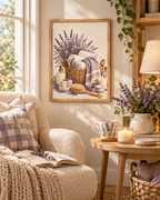 Framed lavender bathroom artwork on a sunlit wall beside an armchair