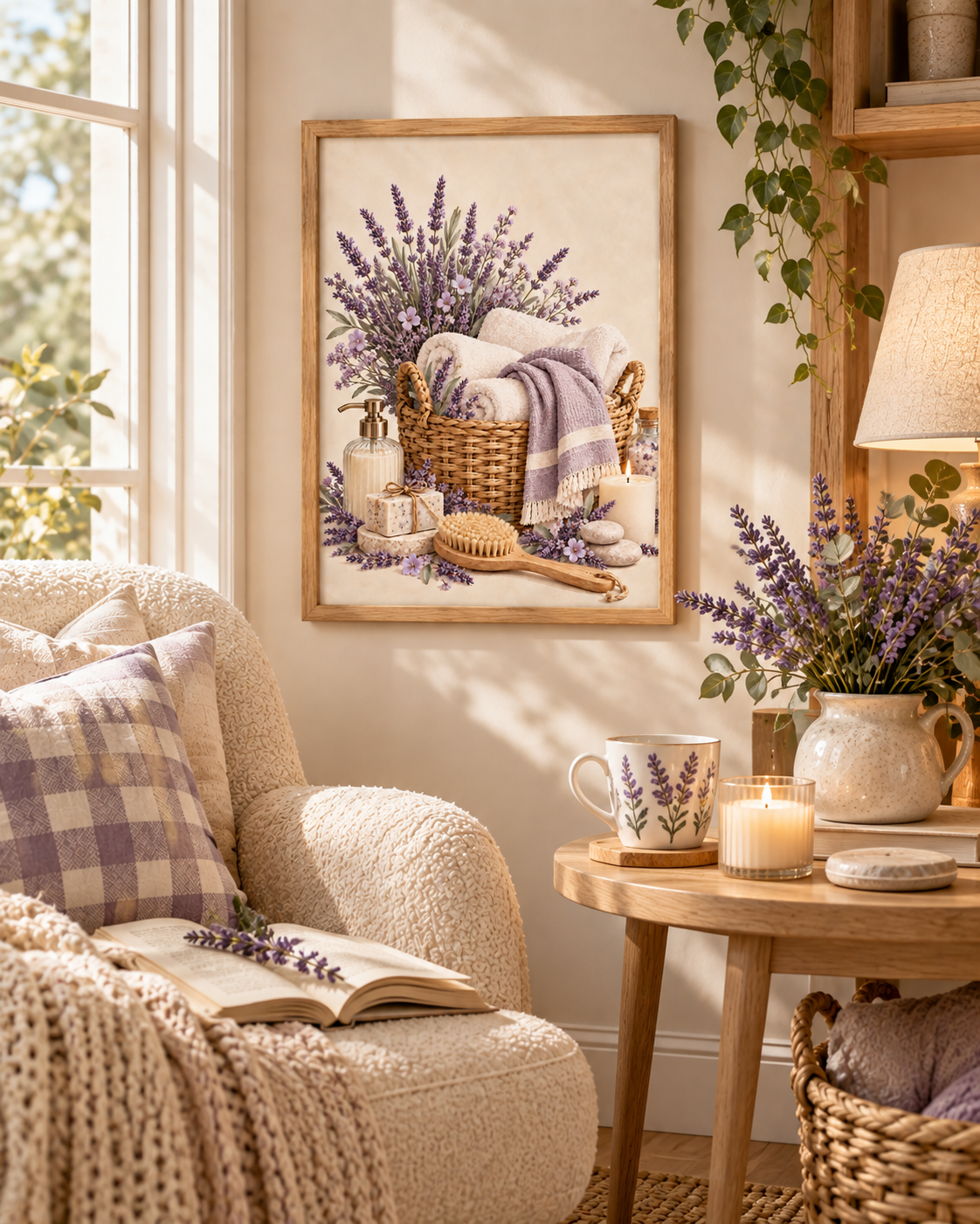 Framed lavender bathroom artwork on a sunlit wall beside an armchair