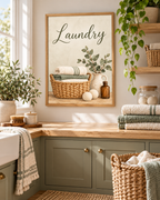 Laundry artwork with olive-green script, woven basket of folded towels, leafy ceramic jug, wool dryer balls and amber bottle styled in a folding area