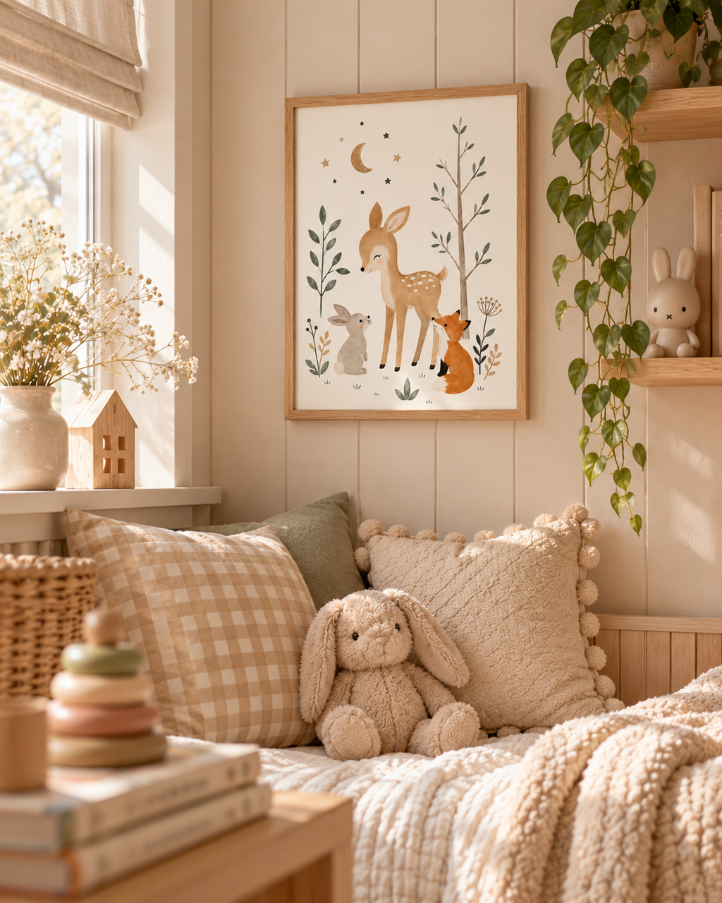 Woodland nursery fawn, fox and rabbit with moon, stars and sage foliage styled in a nursery