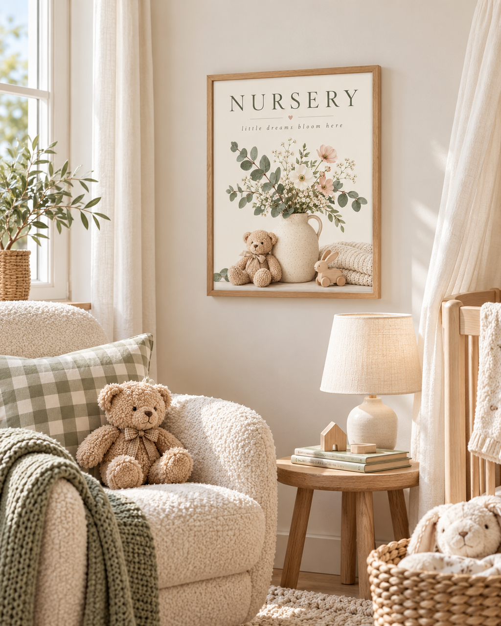 NURSERY little dreams bloom here artwork with cream and blush flowers, sage foliage, ceramic jug, teddy bear, wooden bunny and knitted blanket styled in a nursery reading corner