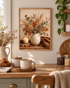 Autumn floral still life with dried hydrangeas, eucalyptus, copper leaves, rustic vase, candle, acorns and knitted throw styled in a kitchen