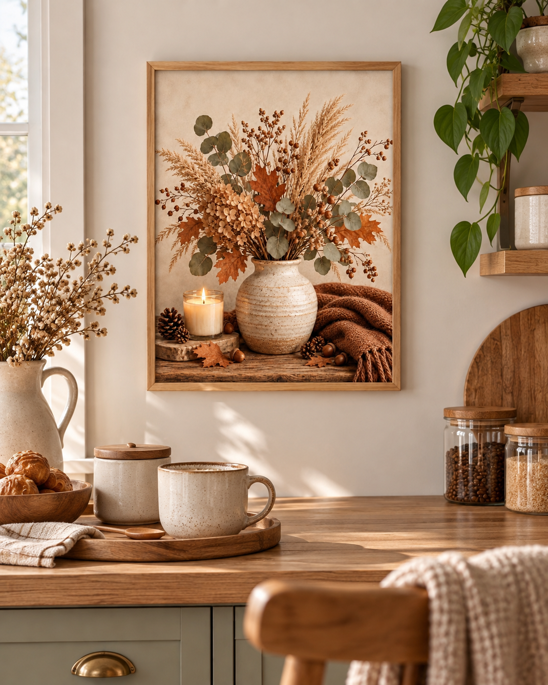 Autumn floral still life with dried hydrangeas, eucalyptus, copper leaves, rustic vase, candle, acorns and knitted throw styled in a kitchen