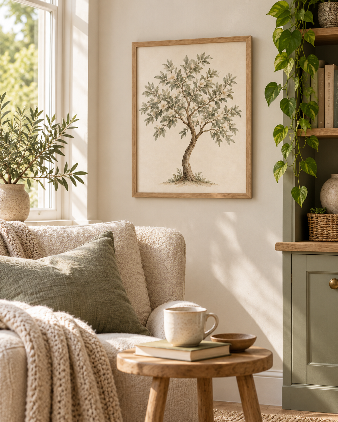 Watercolour botanical tree with sage green leaves, ivory white blossoms and a curved natural trunk on warm ivory styled in a reading corner