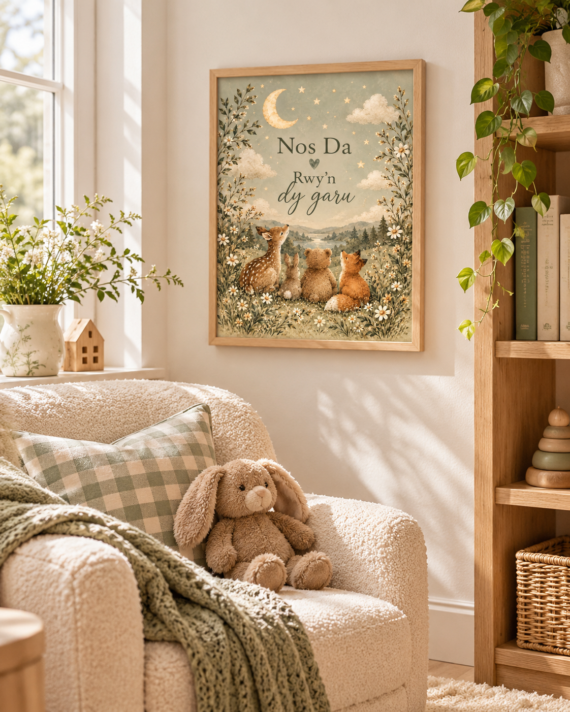 Nos Da Rwyn dy garu Welsh goodnight quote with deer, rabbit, bear and fox beneath a crescent moon and stars styled in a nursery