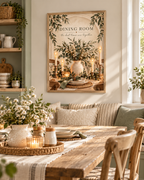 Dining Room the best times are together quote with sage greenery, white flowers, ceramic jug, candles and rustic table setting styled in a kitchen diner
