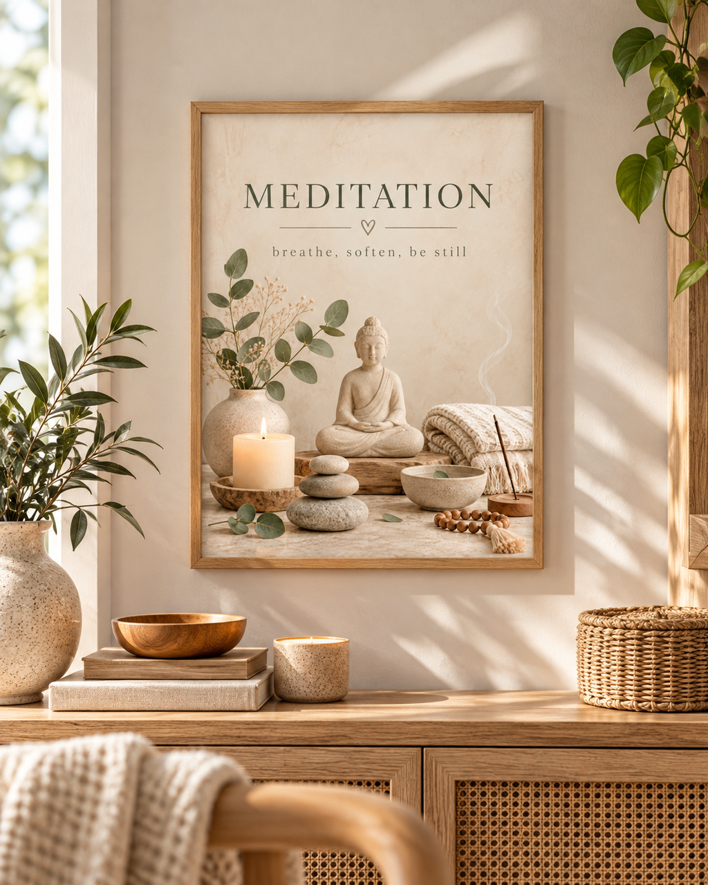 Buddha meditation artwork with eucalyptus, candle, stones and the words breathe, soften, be still above a sideboard