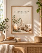 Buddha meditation artwork with eucalyptus, candle, stones and the words breathe, soften, be still above a sideboard