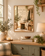 Boot Room quote, Muddy boots happier days, with wellies, rustic bench, woven baskets and country entryway details styled in a sideboard display