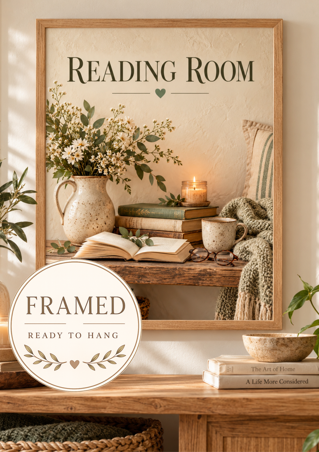 Reading Room still life with books, reading glasses, coffee, candle and flowers in a cream jug; framed and ready to hang badge