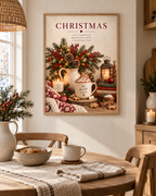 Cosy Christmas hot chocolate still life with evergreen foliage, red berries, candle and lantern styled in a dining area