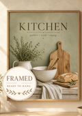 Sage green Kitchen gather cook enjoy artwork with herbs, ceramic jug, mixing bowl, wooden utensils, bread and garlic; framed and ready to hang badge
