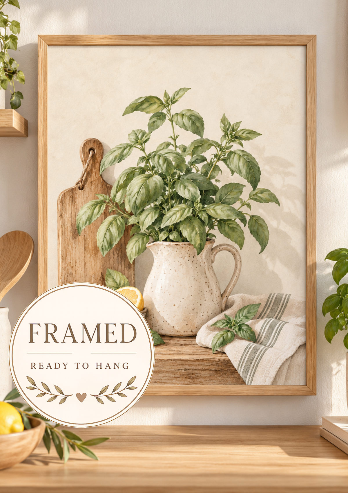 Watercolour basil plant in a speckled ceramic jug with lemons, wooden chopping board and striped kitchen cloth; framed and ready to hang badge