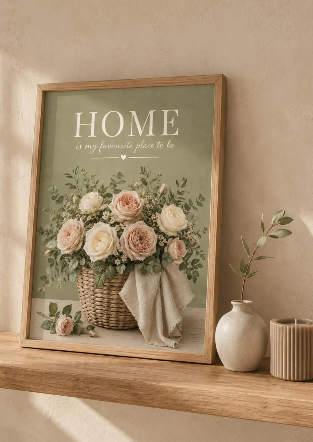 Home is my favourite place to be artwork with blush and ivory roses in a woven basket styled in a shelf