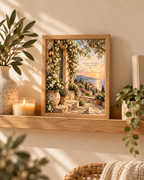 Mediterranean coast with sunset, flowers and Good Things Take Time quote styled in a shelf display