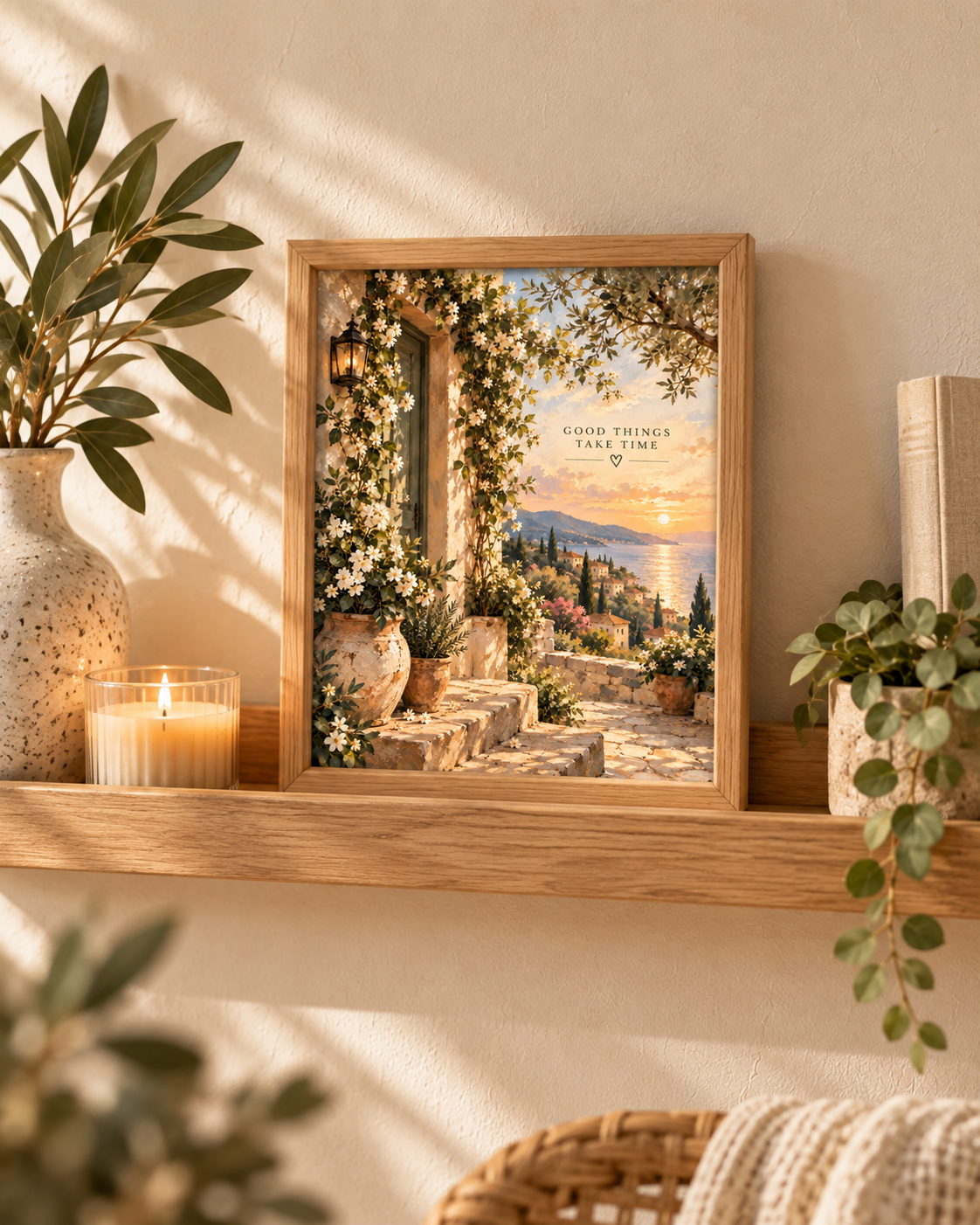 Mediterranean coast with sunset, flowers and Good Things Take Time quote styled in a shelf display