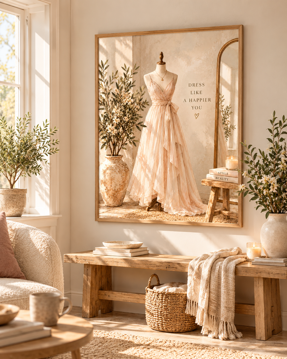 Blush dress on a mannequin with Dress like a happier you quote and soft neutral dressing room styling in a styled home display