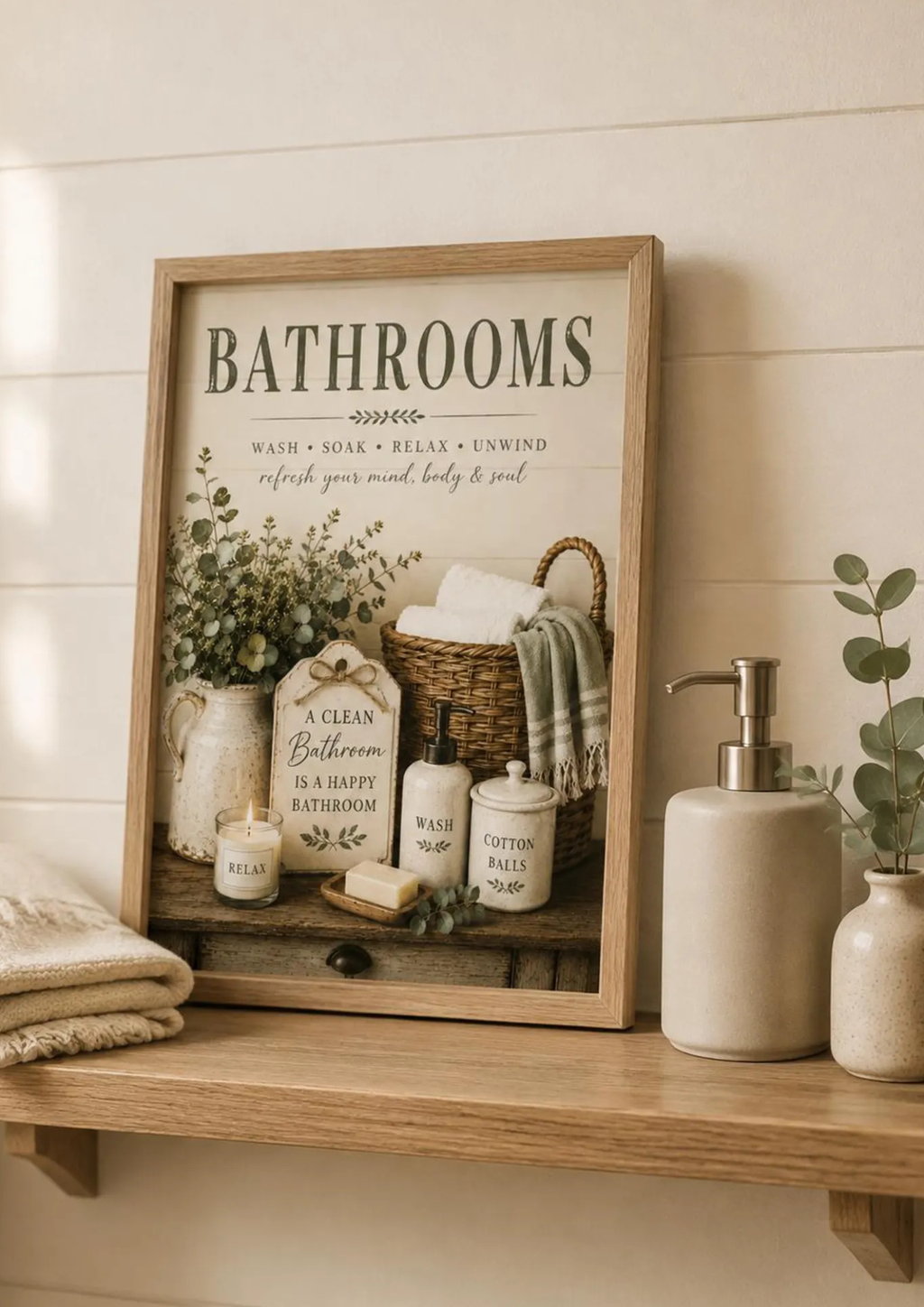 Farmhouse bathroom typography with wash soak relax unwind wording, sage foliage, towels, wicker basket and ceramic accessories styled in a shelf display