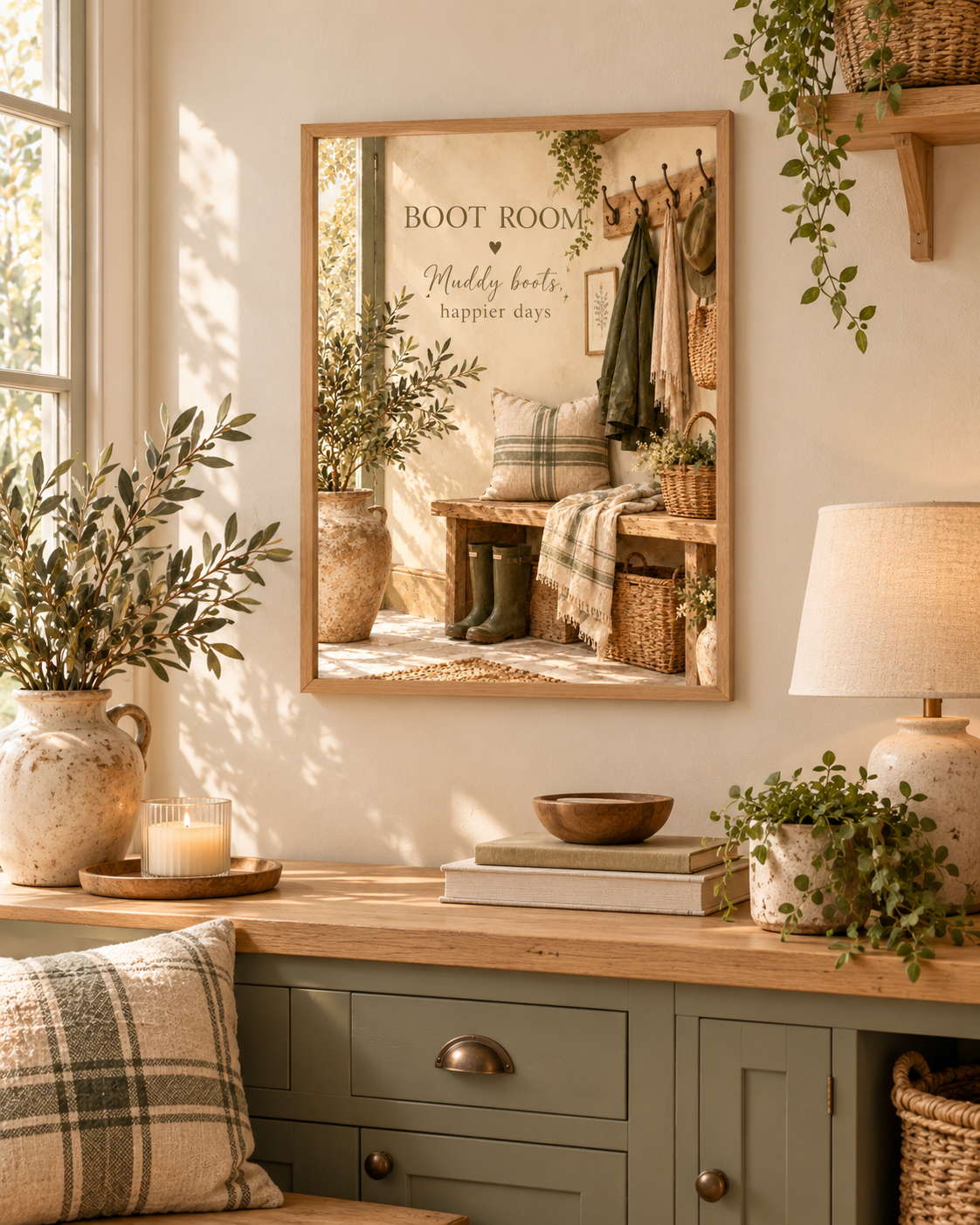 Boot Room quote, Muddy boots happier days, with wellies, rustic bench, woven baskets and country entryway details styled in a sideboard display