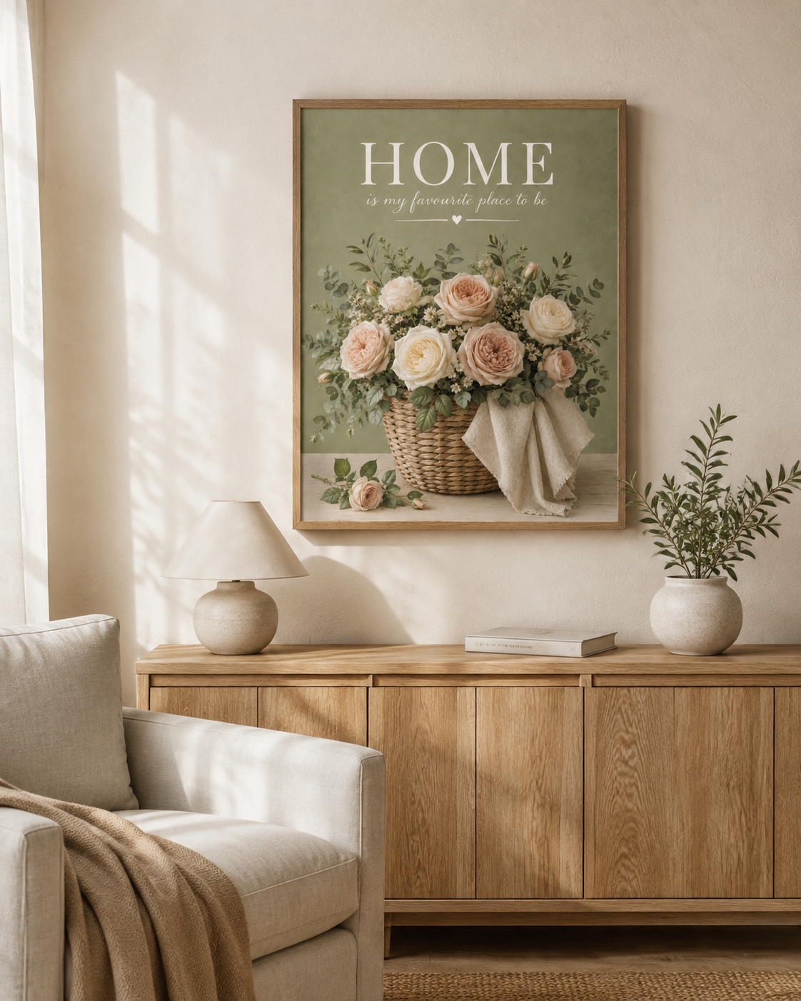 Home is my favourite place to be artwork with blush and ivory roses in a woven basket styled in a living room