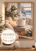 Framed Winter Coffee Print, Neutral Hygge Snowy Mountain Scene